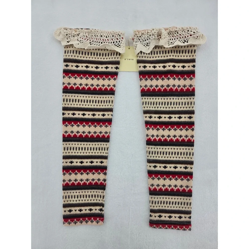 NWT A'reve Fair Isle Leg Warmers Crochet Lace Trim Boho Cottagecore Red Cream